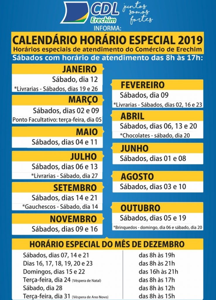 Calendário especial comércio 2019